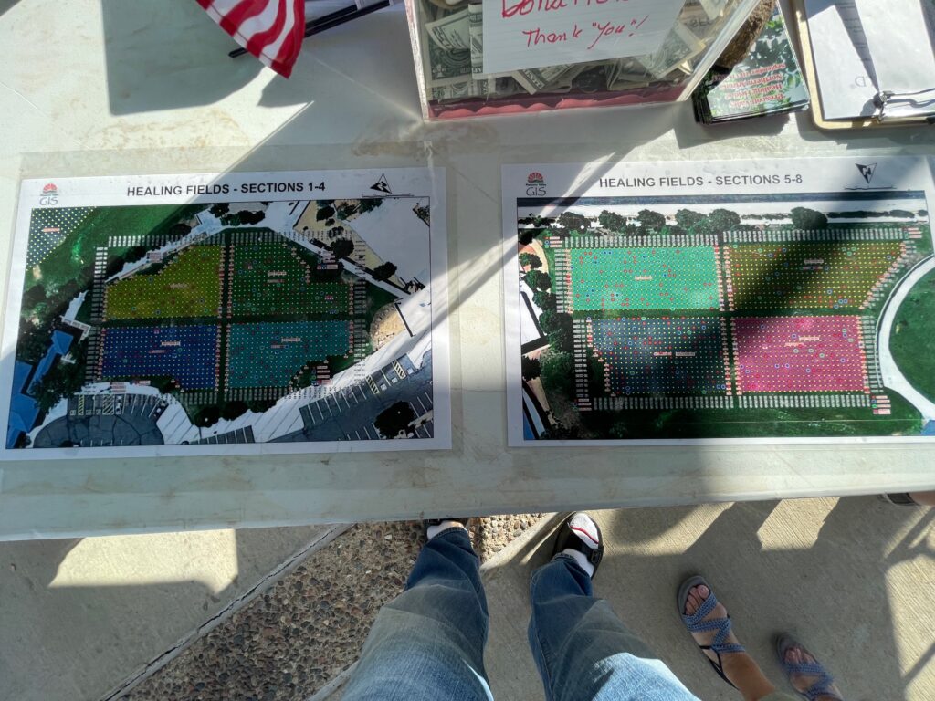 Map of the civic center lawn showing each section of the Healing Fields memorial