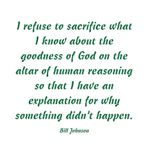 I refuse to sacrifice what I know about the goodness of God on the altar of human reasoning so that I have an explanation for why something didn’t happen. — Bill Johnson