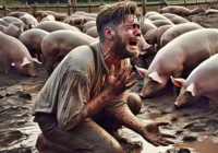 prodigal son crying in pigpen with pigs